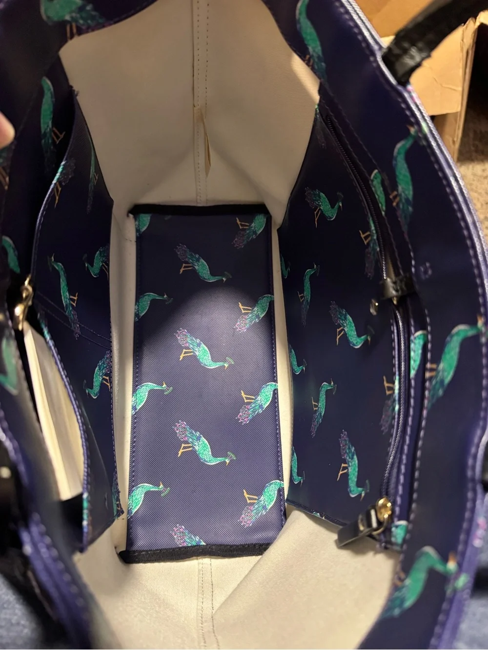Kate Spade Peacock Handbag - Navy Tote with Teal Peacock Print - clean like new!